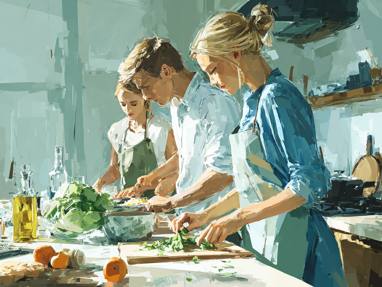 Семейство готви заедно здравословна храна